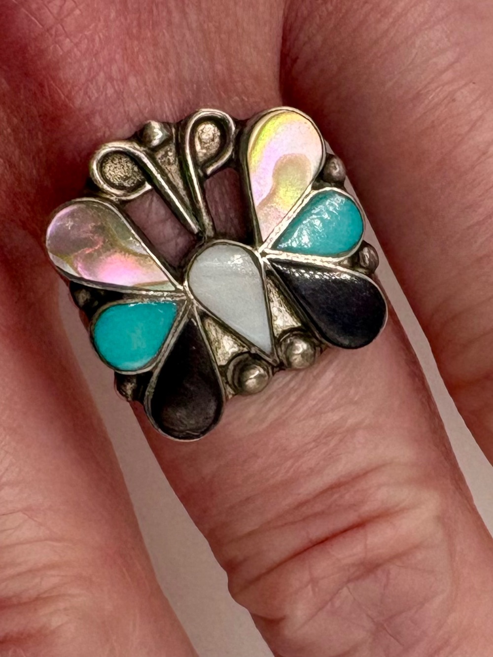 Vintage Sterling Silver Turquoise MOP Onyx Butterfly Ring Size 8